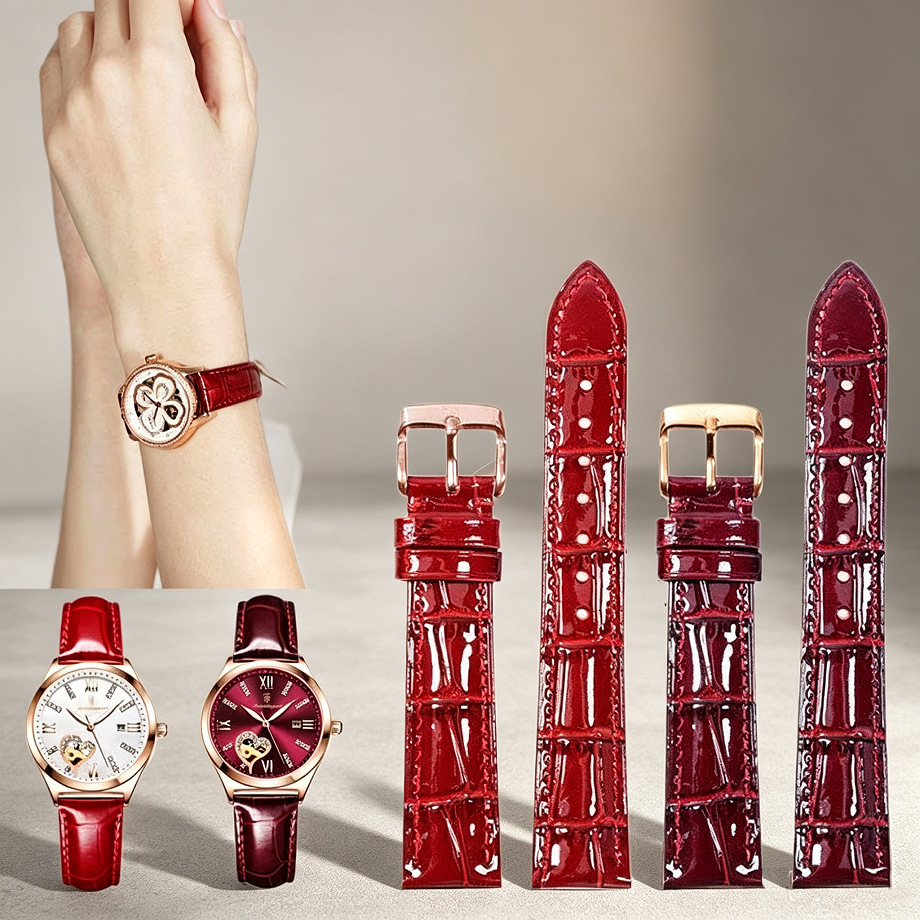 Patent leather genuine leather watch strap with accessories in silver, black, gold, rose gold, burgundy, green, and purple. 12mm-20mm.