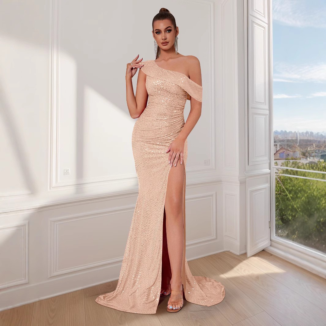 European and American New Beaded Tube Shoulder dress Sexy Stitching Fine Flash High Split Ball Party Evening Dress
