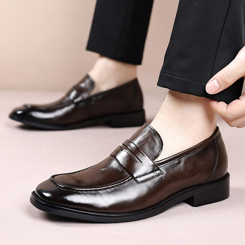 Giày da nam công sở mũi vuông da bò lớp đầu, giày lười xỏ chân — Màu nâu đậm, màu đen