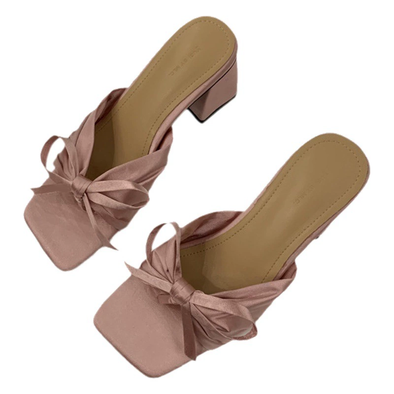 Французские высококачественные сандалии на массивном каблуке с атласным бантом для женщин, наряд 2023, новые летние туфли на высоком каблуке с открытым носком