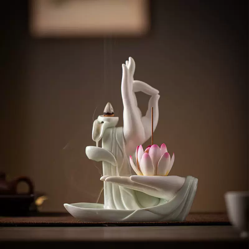 东南亚紫砂白瓷香炉佛手莲花童子倒流香粒塔禅意摆件家居青瓷