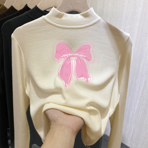 Y2242 Girls' Fleece T-Shirt Base Shirt for Innerwear, Autumn/Winter New Arrival Thickened Medium/Large Children's Long-Sleeve T-Shirt