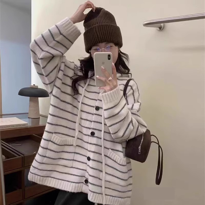 中长款撞色连帽条纹针织开衫女秋冬新款韩版慵懒宽松大码毛衣外套|undefined