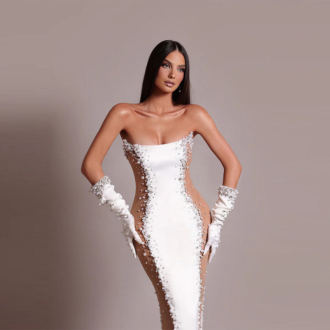 Strapless Rhinestone Sexy Bodycon Dress Cross-Border Pearl Dress Elegant Fashion Party Women's Evening Dress Bandage Dress