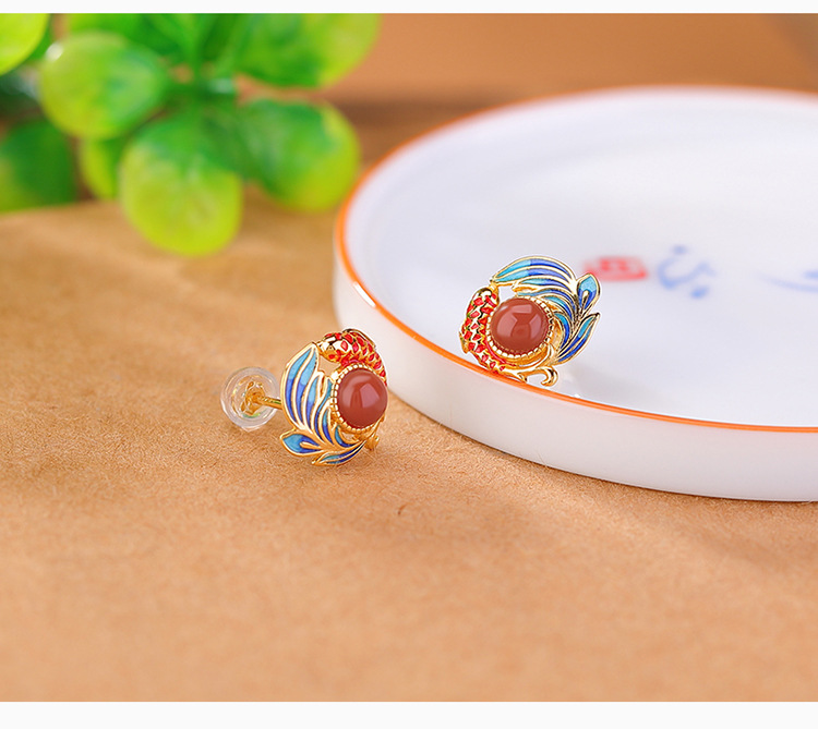 Khuyên tai nữ bạc S925 mạ vàng đính đá ngọc bích hình cá chép men retro — Mẫu đỏ nam chi tiết 4