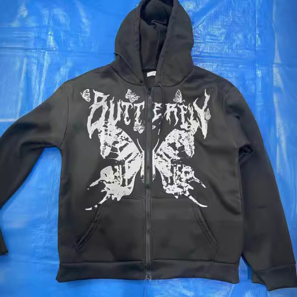 Men's Clothing Trendy Personality Butterfly Print Sweatshirt Men's High Street Fashion Brand Loose Casual Couple Hooded Cardigan_voghion.com