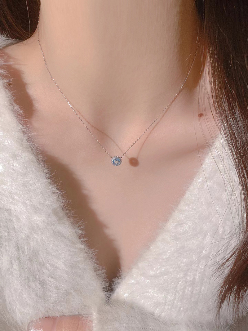 Plating, Inlay Design Fairy Style Elegant Round Titanium Steel Plating Inlay Zircon White Gold Plated Solitaire Necklace