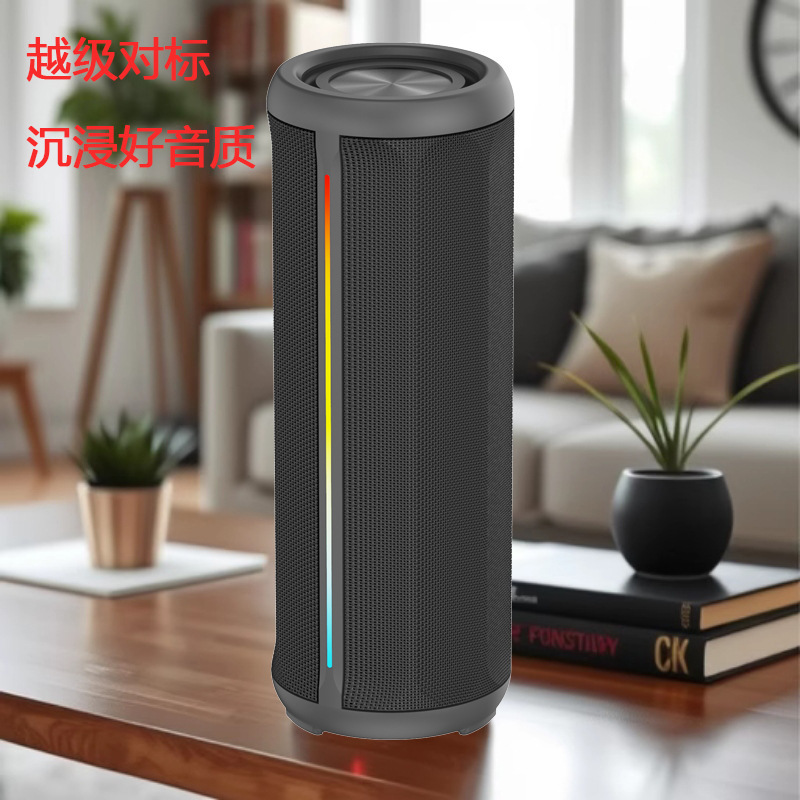 デュアルスピーカー ワイヤレス Bluetooth スピーカー 屋外防水 ポータブル 超重低音 RGBライト付き 円筒形 布製スピーカー|undefined