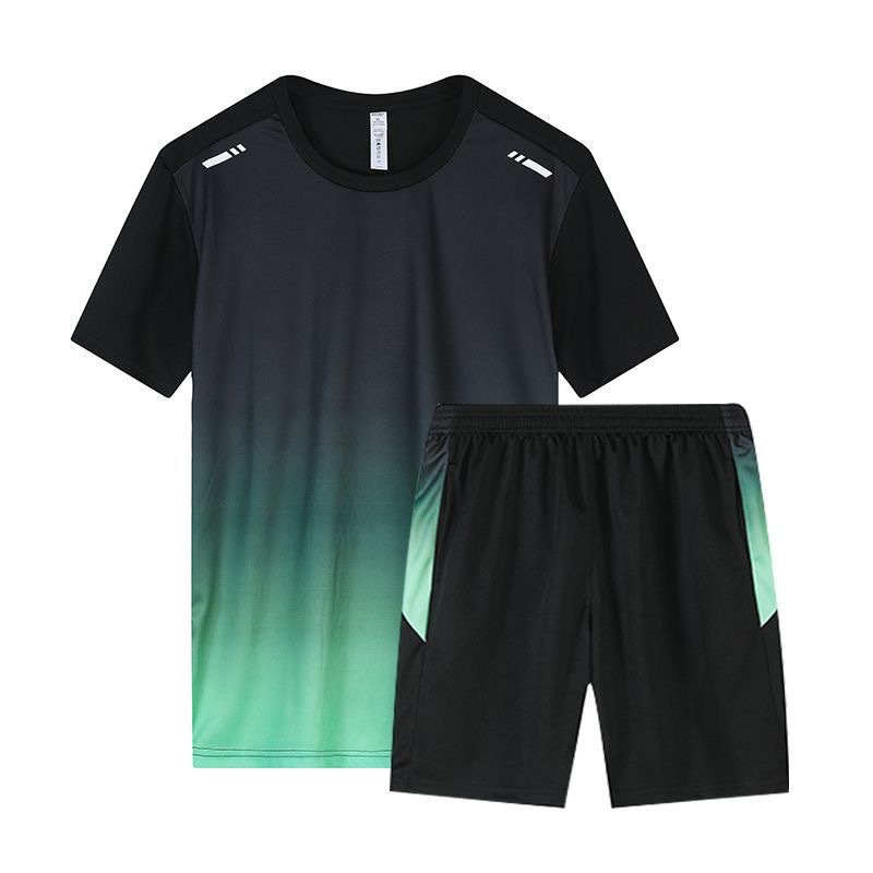 Verano nuevo estilo de seda de hielo pantalones cortos de secado rápido traje deportivo para correr fitness masculino de dos piezas degradado teñido de manga corta camiseta