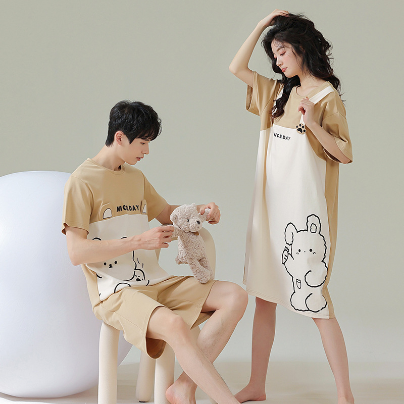 Pareja de pijamas de verano de algodón de manga corta de Internet celebridad oso lindo de dibujos animados nuevo camisón ropa de casa de las mujeres traje de verano
