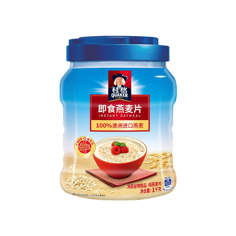 Похоже, что это название бренда и продукта на английском: (QUAKER) Instant Oatmeal Original Cereal Nutritional Breakfast Coarse Grain Drink Free Cooking Meal Replacement Wholesale