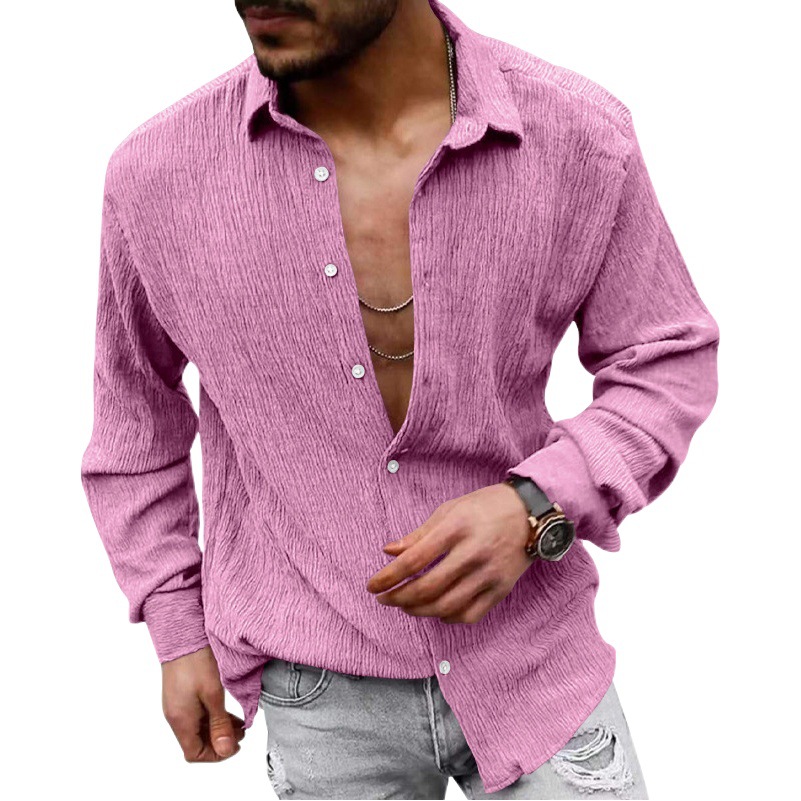 2023 Amazon camisa de manga larga de los hombres de primavera y otoño suelta más tamaño de la burbuja de tela de color sólido solapa camisa casual hombres
