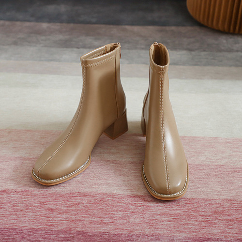 Fuhao Thick Heel Internet Celebrity Short Boots Women's Soft  New High Heel Boots Back Zipper Round Toe Fashion Women's Boots Leather Boots