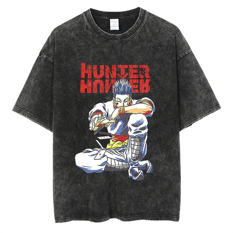 Washed Retro T-Shirt American Hip-Hop Anime Full-Time Hunter Loose Ukiyo-E Cotton Summer Short-Sleeved Trendy for Men and Women