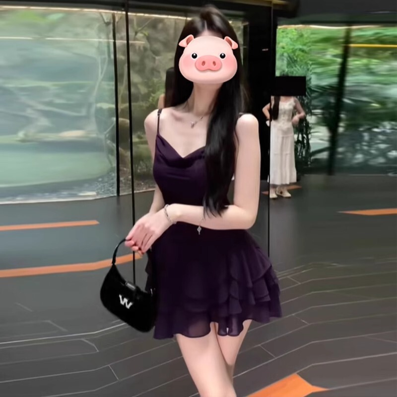 Purple Swing Collar Chiffon Sling dress Women's Summer Ladies Hip Skirt High Cold Royal Sister Style off-shoulder Tube-top Skirt