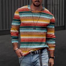 跨境新欧美男装T恤3D印花圆领长袖上衣休闲条纹T恤男春季打底衫