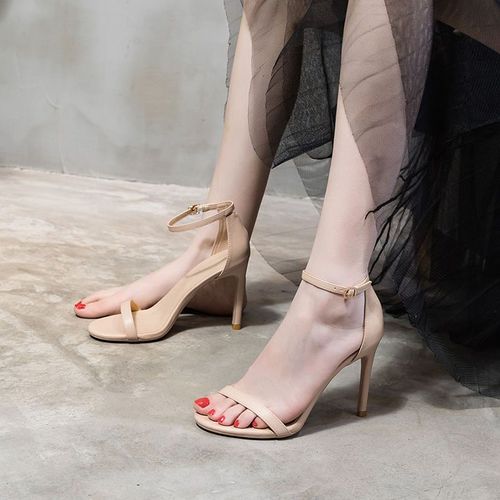 One-word high heels, temperament, apricot color fashion women's sandals, mid-heeled  summer new style, versatile, fashionable, open toe straps for women
