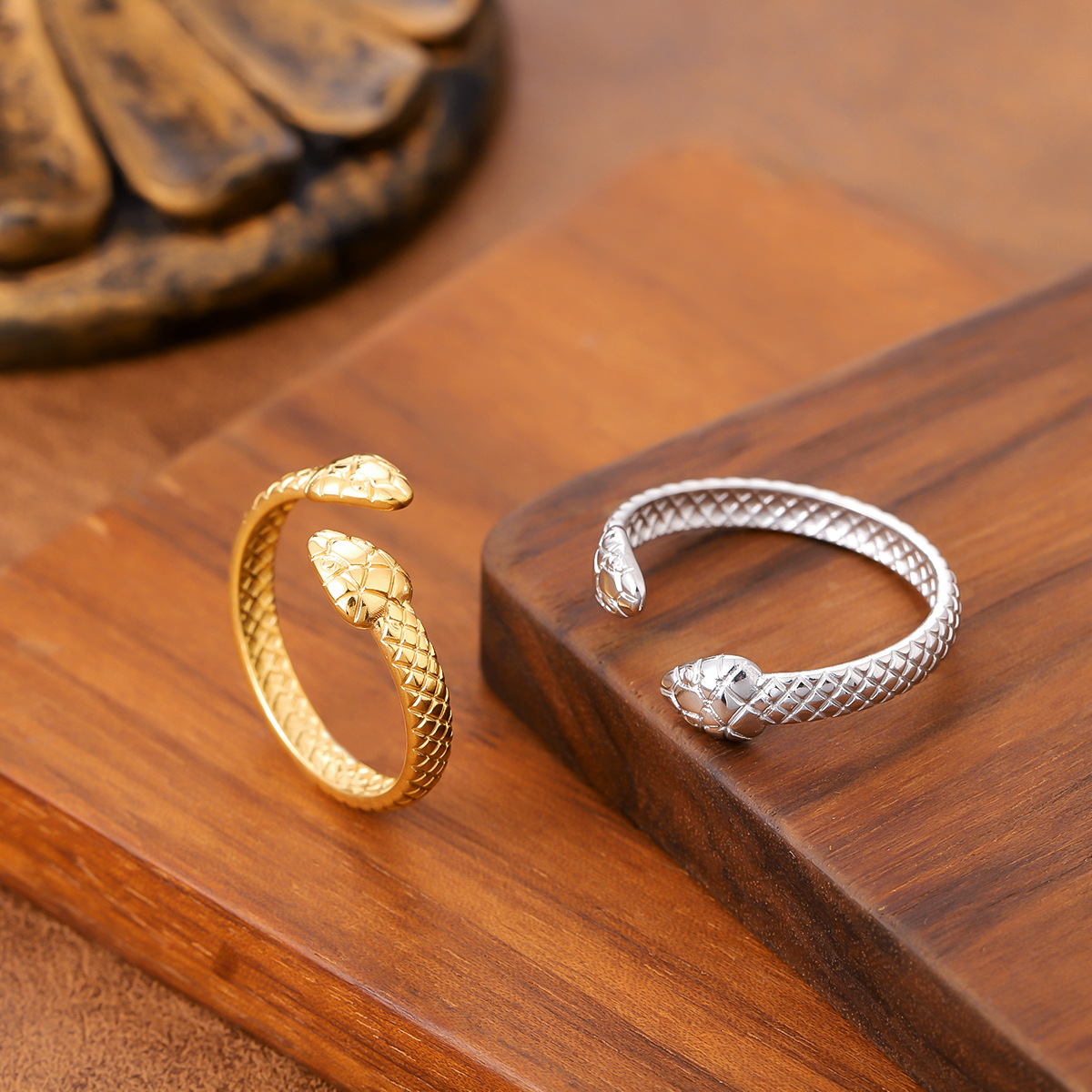 Cross-Border Retro Punk Style Double Snake Design Stainless Steel Ring Women's Niche Animal Opening Adjustable Ring Bracelet