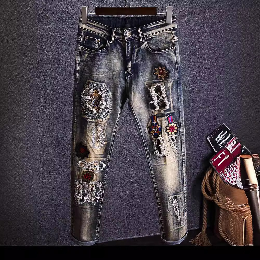 2024 Trendy Brand Embroidered Jeans Men's Trendy Slim-fit Ripped Beggar Summer and Autumn New Stretch Skinny Pants