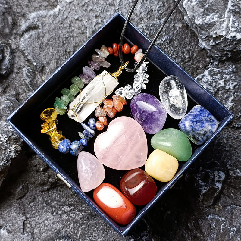 Natural Crystal Jade Colorful Stone Combination suit Powder Crystal Love Hexagon Pendant Multi-color Matching Gift Box