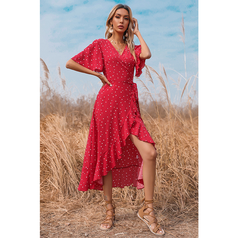 V-neck polka-dot lace-up ruffle long dress NSSA53021