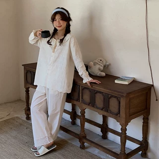 韩系秋款新品法式浪漫少女棉质面料刺绣提花圆领绑带设计感家居服