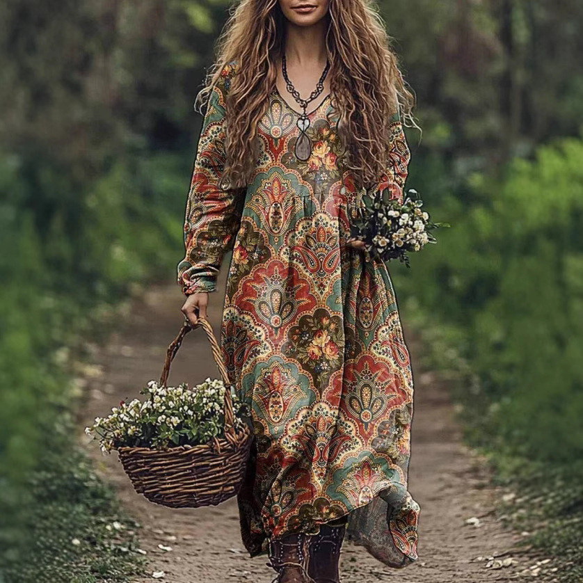 亚马逊独立站 跨境女装 欧美复古田园风 休闲长袖新款 长裙连衣裙