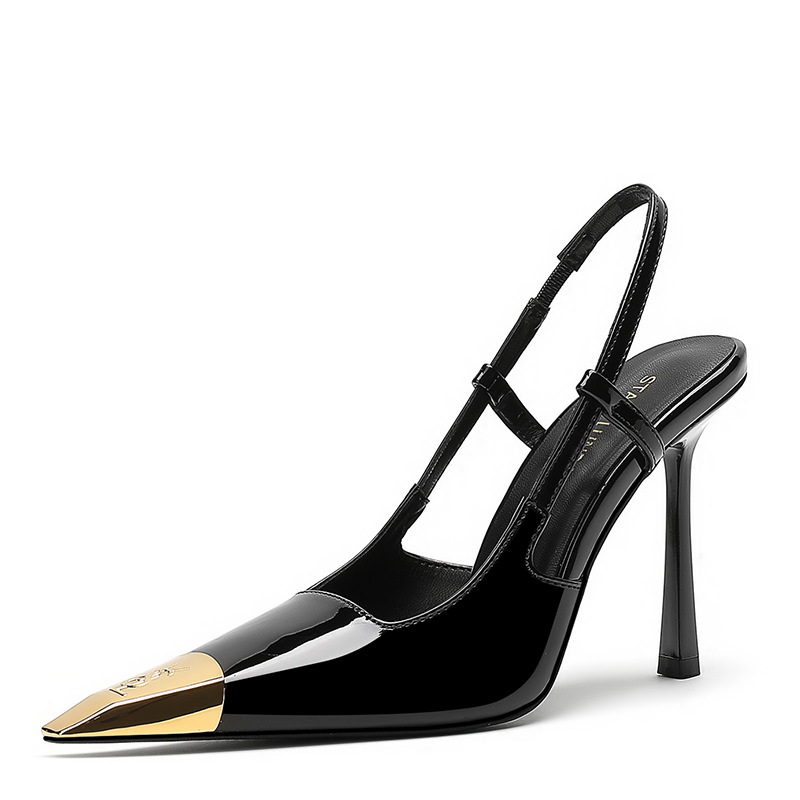High-heeled shoes women's gold iron-toe socialite Yang Shulin patent leather black women's shoes stiletto heel sexy small square toe covered sandals