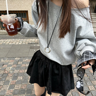 MMFISH Fashionable Plaid Patchwork Cuff Slant Shoulder Relaxed Sweater Casual Loose Threaded Long Sleeve T24T373
