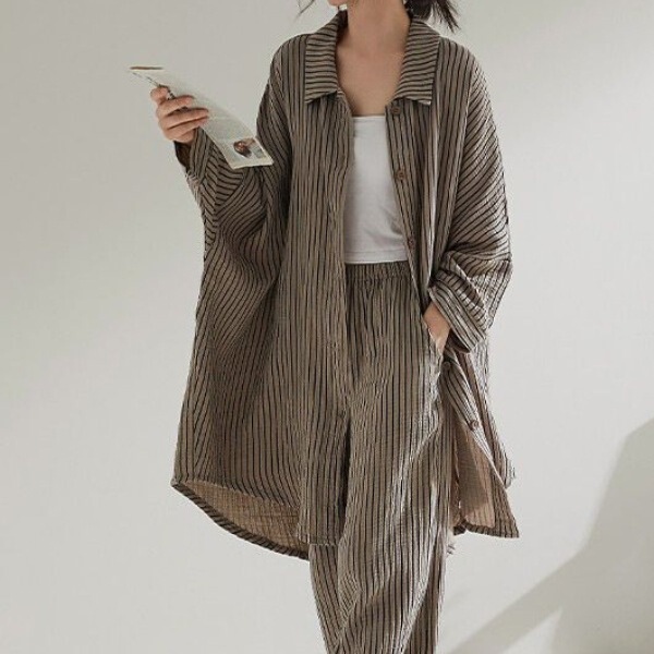 Plus-Size Women's Pajama Set with Pockets, Spring Style, Striped Wide-Leg New Home Wear