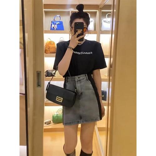 Plus size spring and summer pear-shaped figure cover-up contrasting color denim skirt for fat girl high-waisted A-line slimming short skirt for women