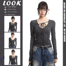 美式辣妹深V领不对称绑带长袖t恤女修身显瘦纯欲设计休闲百搭上衣