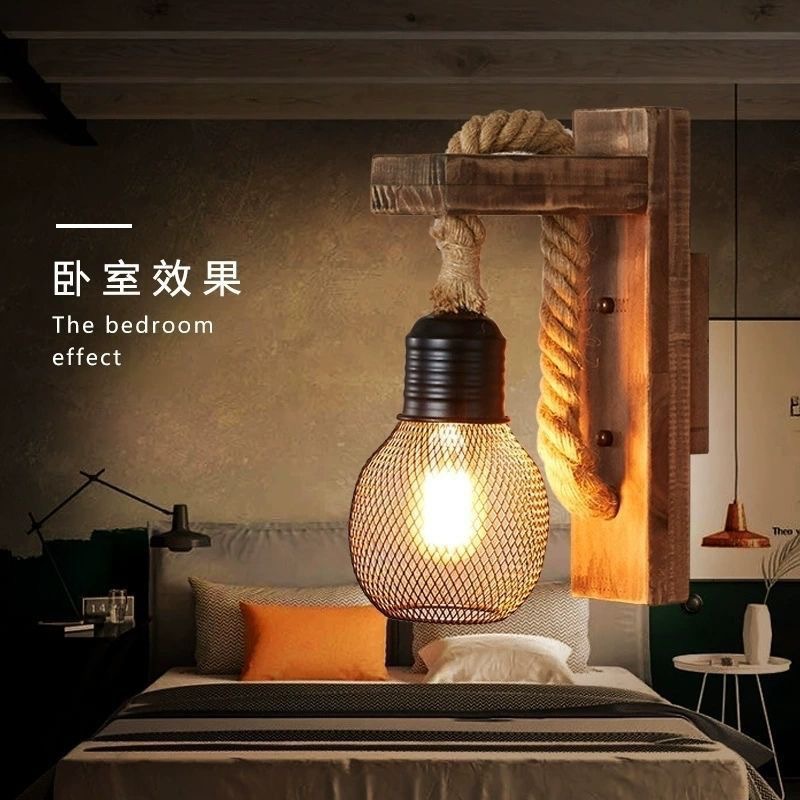 Lámpara de pared de personalidad retro de estilo industrial, decoración de arte en madera antigua, cama de noche, restaurante pastoral, lámpara de pared de madera con cuerda de cáñamo