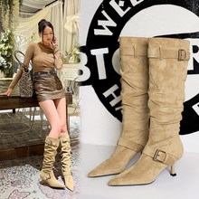 315-A23 European and American style pointed belt buckle pile boots sexy thin heel slim boots high-end suede long tube boots for women