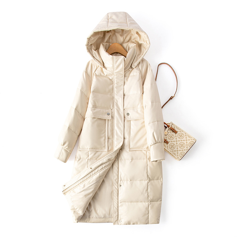 Leather down 2024 Winter Hooded down Jacket Women's Long Large Size Waist Leather Jacket Slim Graphene Cocoon Style