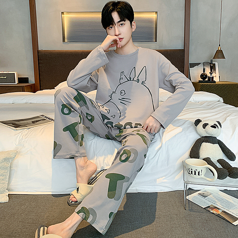 2024 nuevo pijama masculino primavera y otoño dibujos animados coreanos ropa casera de cuello redondo suelta grande se puede usar fuera