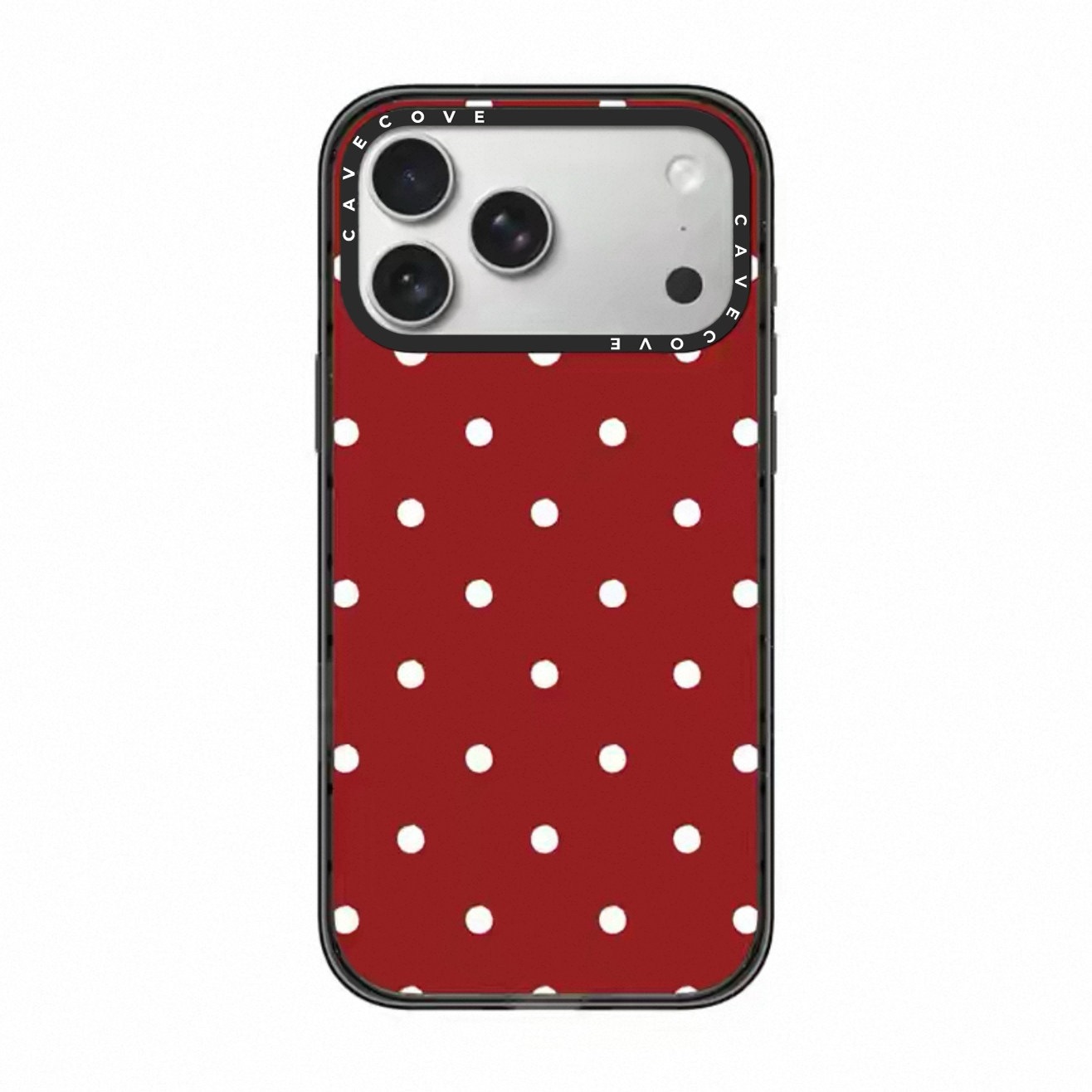 Red background with white polka dots, transparent-black frame