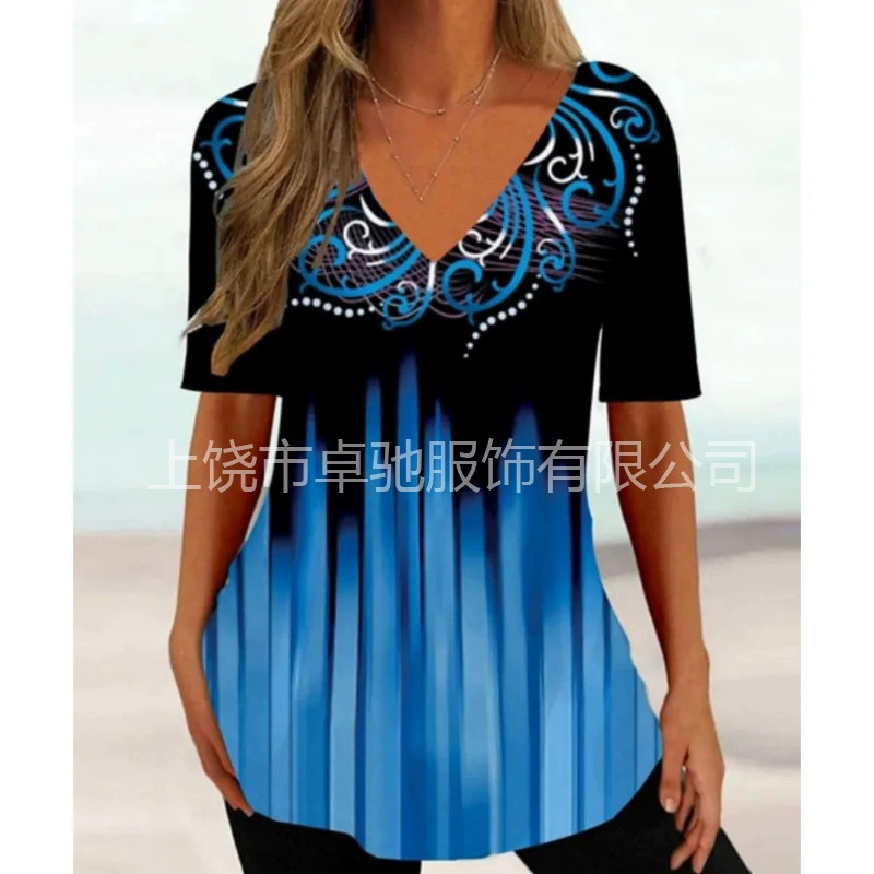 2025 Independent Station взрыв ретро женская этническая геометрическая роспись футболка Харадзюку женская повседневная футболка с короткими рукавами V-образным вырезом женский топ