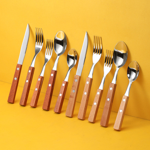 Cross-border elm handle stainless steel tableware set of four (knives, forks, spoons) home hotel western-style steak knife fork spoon set