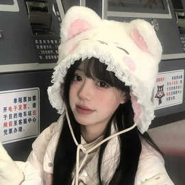 萌系少女猫耳帽显脸小甜美风日系lolita帽可爱蕾丝毛绒耳朵帽子潮
