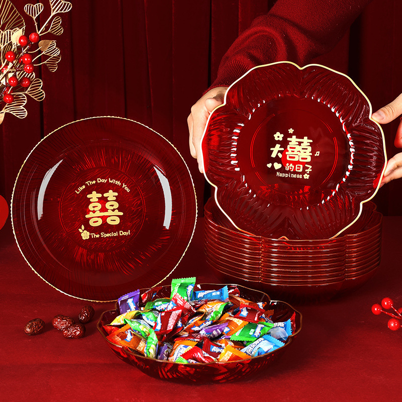 Wedding Celebration Fruit Plate, Red Candy Tray for Marriage, Engagement Decoration, Dried Fruit Tray for Wedding Room and Living Room Decoration