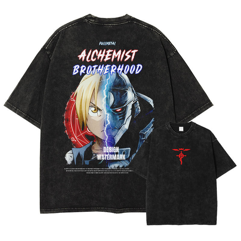 Fullmetal Alchemist T-Shirt Washed Old Printed American Retro Alchemy Short-Sleeved Summer Loose Men's Clothing