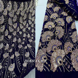 非洲绒布底丝绒法式重工珠片绣高档礼服布料礼服面料 Velvet lace