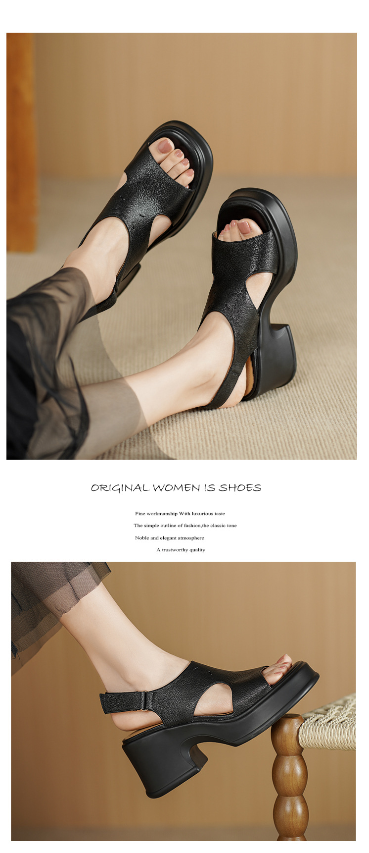 Sandal nữ đế dày gót vuông quai ngang khóa một dây phong cách La Mã — đen chi tiết 7