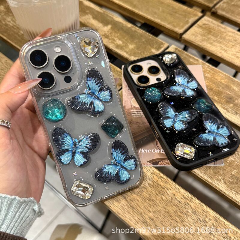 Suitable for Apple 17Promax Mobile Phone Case Iphone16Tpu Blue Butterfly Gemstone 14 Anti-Fall 11 Protective Case X/8 Suitable for Apple 17Promax Mobile Phone Case Iphone16Tpu Blue Butterfly Gemstone 14 Anti-Fall 11 Protective Case X/8