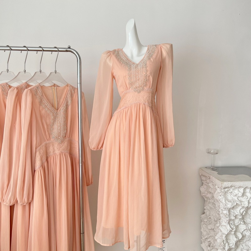 Q Elegant Fujiyama Autumn and Winter New Velvet Beaded Lace Waist Long-Sleeved Chiffon Dress