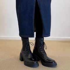 牛皮版！厚底增高真 皮马丁靴女英伦风系带圆头靴复古高跟瘦瘦靴