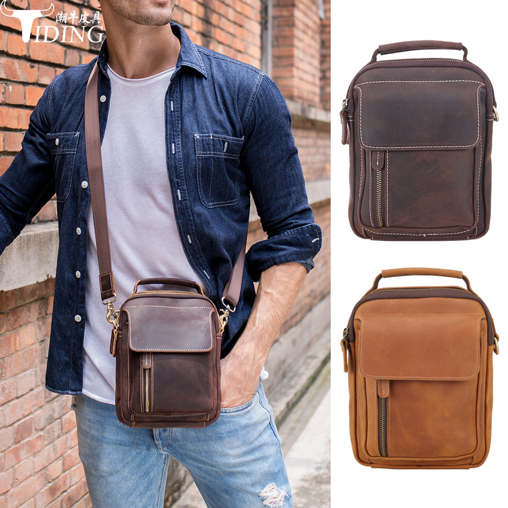 De moda de la vendimia de cuero genuino de los hombres bolsa de hombro primera capa de piel de vaca bolsa de mensajero Crazy Horse de cuero casual bolso del teléfono móvil de los hombres