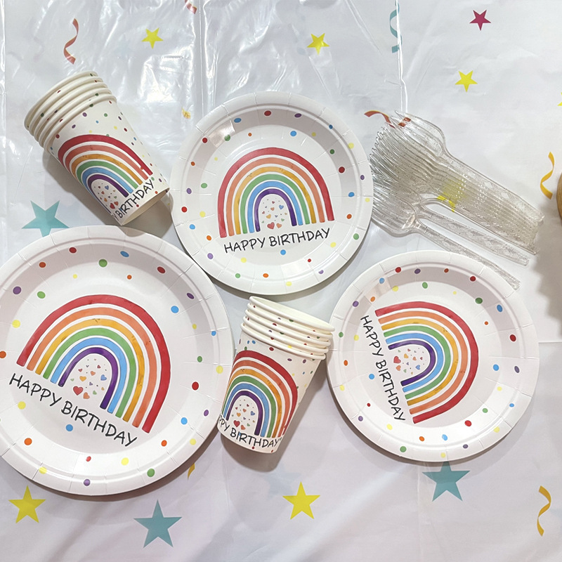 Birthday Decoration Rainbow Paper Plate Set Paper Plate Cup Knife Fork Spoon Disposable Happy Birthday Tablecloth Decorations