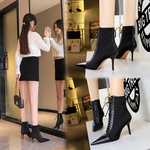 1838-1 Korean Version Fashion Sexy Slimming Women's Boots with Fine Heel, High Heel, Open Toe, Pointed Toe, Lace-up, Cross Strap, Short Boots